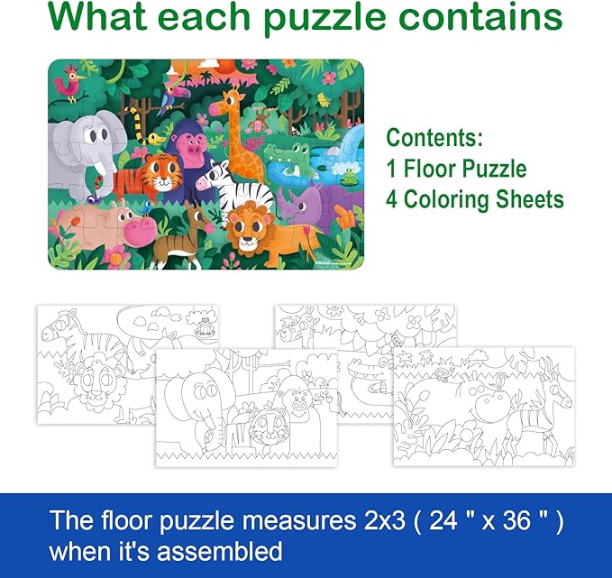TAOZI&LIZHI Floor Puzzles for Kids, Jungle Animals Jigsaw Puzzle for Kids Ages 3-5, 4-8, Christmas Toddler Puzzles with Hand-held Gift Box, Preschool Learning & Education Toys(46 pcs, 2 x 3 feet)