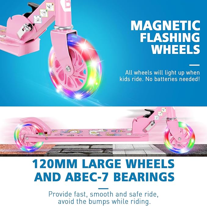 BELEEV V1 Scooters for Kids, 2 Wheel Folding Kick Scooter for Girls Boys, 3 Adjustable Height, Light Up Wheels, Lightweight Scooter with Sturdy Frame, Kickstand for Children 3 to 12 Years Old