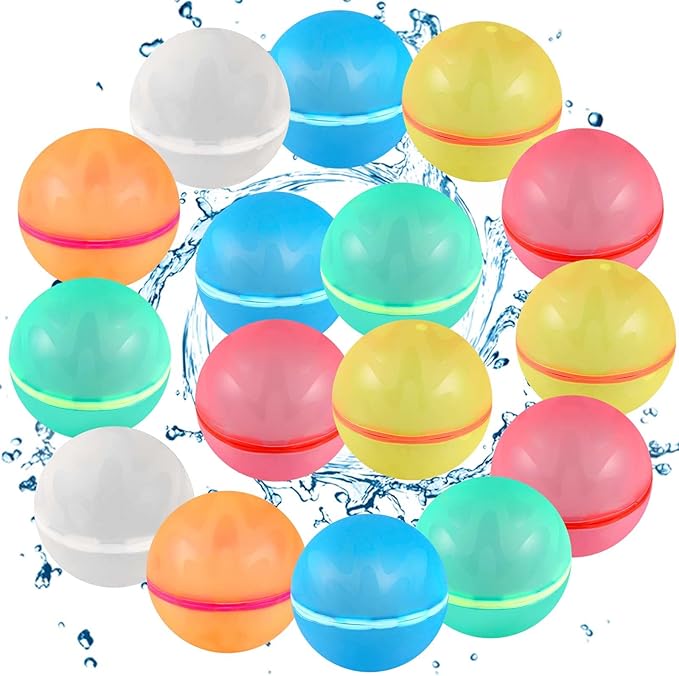 SOPPYCID 16PCS Reusable Water Balloons - Quick Fill Water Balls Toys For Toddler Age 4-8 - Refillable Magnetic Self-Sealing Water Splash Bomb For Summer Party Pool Outdoor Beach Toys for kids Age 8-12