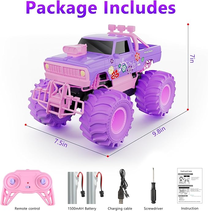 MUYOLO Remote Control Monster Truck for Girls- 1:16 Rc Car with 2 Batteries 2.4GHz 4WD Off-Rock All Terrain Waterproof Amphibious Toys, for Christmas Birthday Gifts Presents Kids Boys Girls Ages 6+