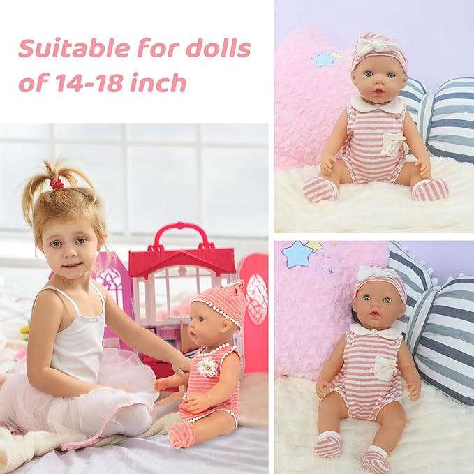 UNICORN ELEMENT 6 Sets 14-18 Inch Baby Doll Clothes, 16 Inch Doll Outfit for 43cm Reborn Dolls, Total 15 Pcs Onesies Doll Clothes and Accessories for 18 Inch Girl Dolls
