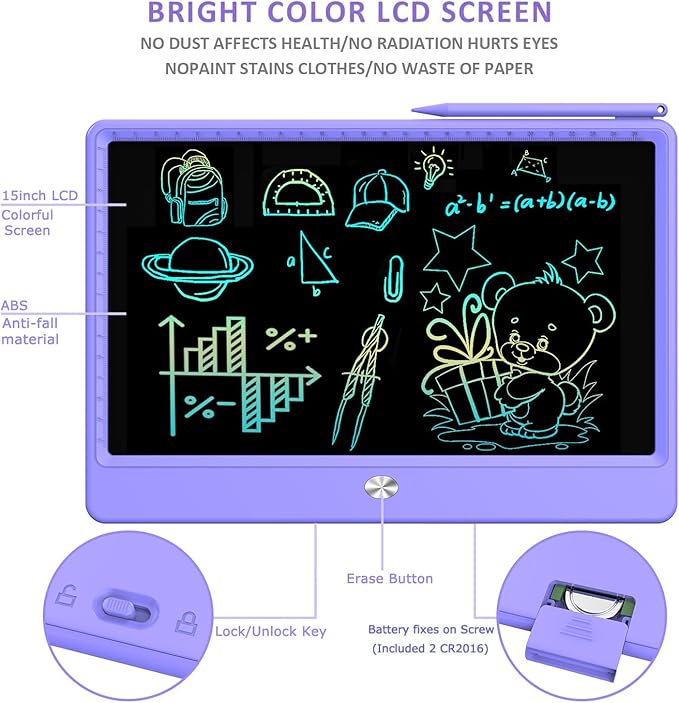 FLUESTON LCD Writing Tablet, Doodle Board Toys Gifts for 3-8 Year Old Girls Boys, 12 Inch Colorful Electronic Board Drawing Pad for Kids, Gifts for Toddler Educational Learning Travel Birthday, Purple