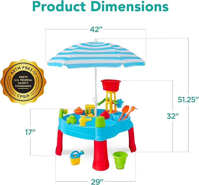 Best Choice Products Kids Sand & Water Outdoor Activity Table, Childs 2-in-1 Play Set w/ 18 Accessories, Adjustable Umbrella, 120 Capacity