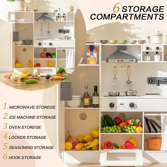 Deli Kids Kitchen Playset, Realistic Wooden Kitchen Playset for Toddlers & Kids with Lights, Sounds & Storage, Ideal Gift for Boys & Girls