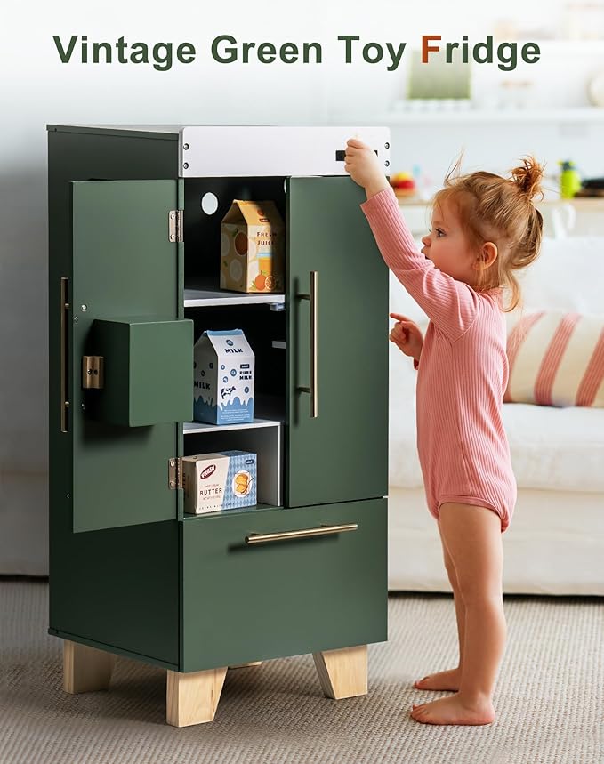 ROBOTIME Wooden Toy Fridge - Play Kitchen Set with Accessories, Kitchen Playset Interactive Refrigerator for Pretend Play Fridge for Kids, Toddler Kitchen Appliance (Vintage Green)