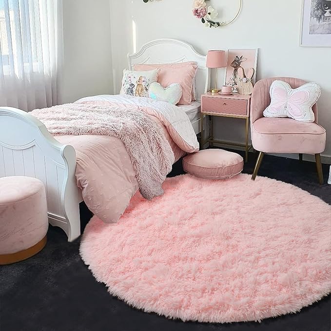 Amdrebio Light Pink Round Rug 4Ft for Girls Bedroom, Fluffy Circle Area Rugs for Kids Room Decor Aesthetic, Cute Shag Fuzzy Carpet for Nursery, Preppy Dorm, Classroom, Playroom, Teen, Baby, Washable