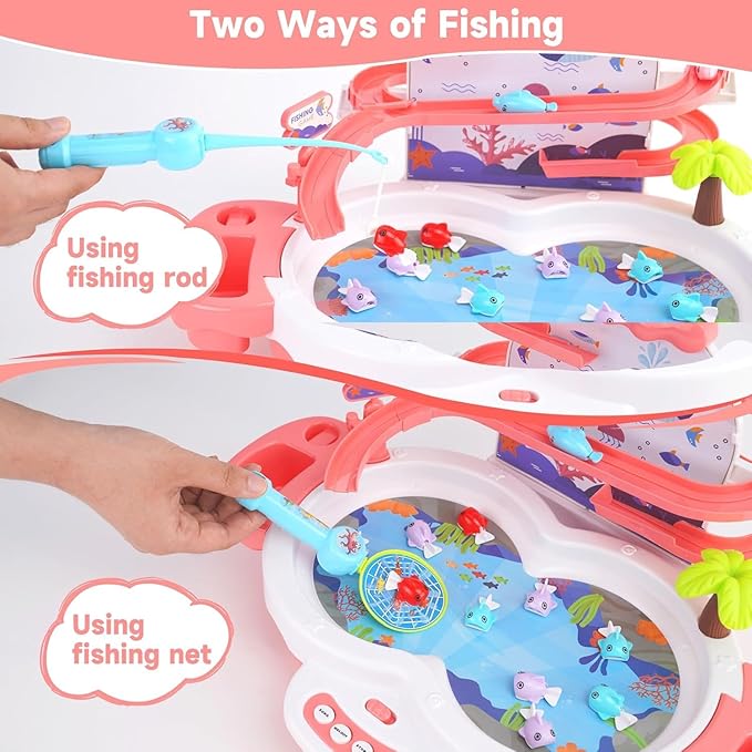 3in1 Fishing Game Toys for Kids with 34PCS Accessories Including Fishing Rod, Small Fish, Track, etc., STEM Toys with Music and Stories for Preschool Learning (Pink)