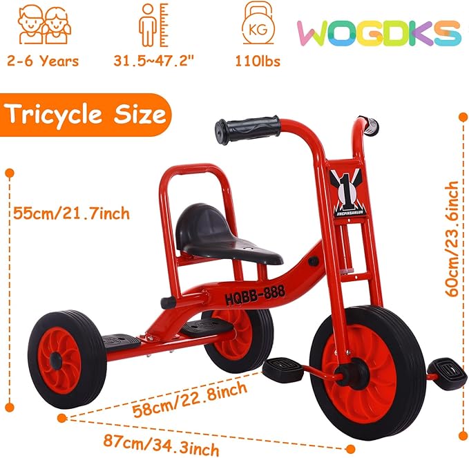 Kids Tricycle for Ages 2-6, Preschool Daycare Pedal Tricycle, Outdoor Playground Kids Trike with Inflation-Free Rubber Wheels, Carbon Steel Frame