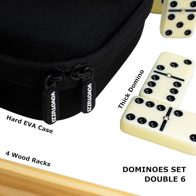 Dominos Set for Adults, Dominoes Set Double 6, Dominos for Kids, 28 Tiles, with 4 Wooden Racks/Tracks, Dominoes Set for Adults and Kids, with Travel Case - Classic Board Games for Family