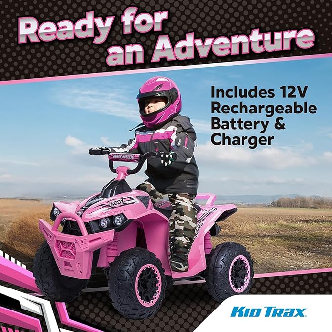 Kid Trax Toddler ATV 12V Ride On Toys - Quad ATV, Electric 4 Wheeler, Reverse and Forward, Kids' Electric Vehicle, Quad Car ATV w/ 2 Speed, Led Headlights, 4 Wheeler, Max Weight 77 lb, Ages 3-8, Pink