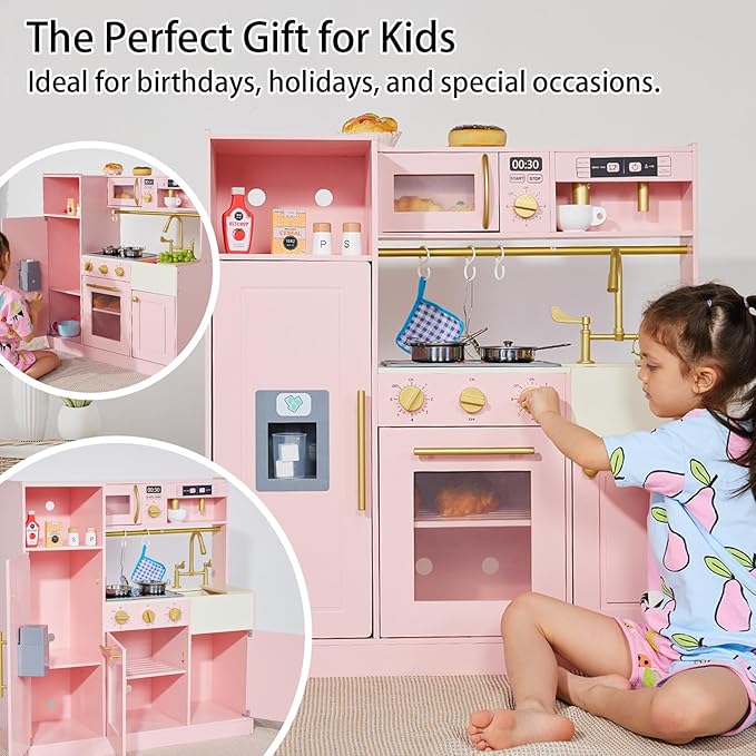 Kids Wooden Play Kitchen for Girls Pretend Toy Kitchen Playset with Real Lights and Sounds and 14 Pcs Fun Accessories, Toddler Pink Play Kitchen Set for Ages 3+