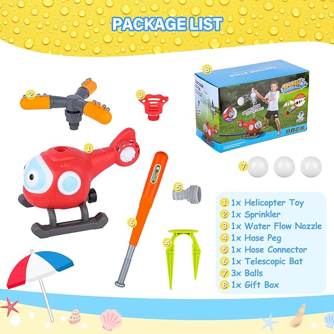 2 in 1 Outdoor Water Toys, Sprinkler for Kids Helicopter Tee Ball Set Kids Water Toys, Toddler Summer Toys Backyard Games for Kids Ages 3-12, Baseball Gifts Outside Toys for Toddlers Boys, Girls