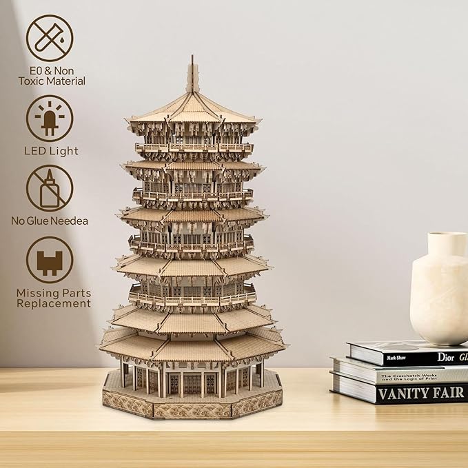 Wooden Pagoda 3D Puzzle for Adults - Wooden Puzzles, Creative Crafts for Adults, Birthday Christmas Party Favors Home Decor Gift - Six-Storied Pagoda with LED Light (1287pcs)