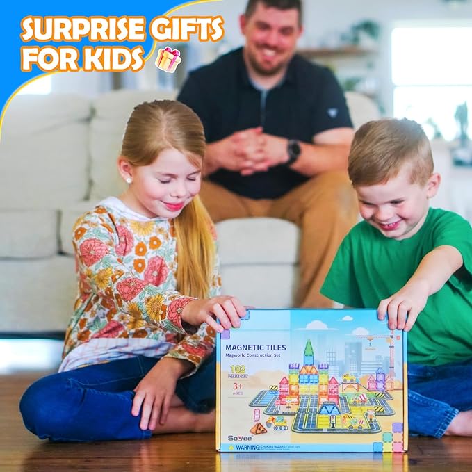 102 PCS Magnetic Tiles Construction Toys Magnet Building Toys for Boys and Girls Ages 3-5 5-7 8-10, STEM Sensory Toys Creative Play Includes Roads, Vehicles, Dolls, Traffic Signs and Construction Sign