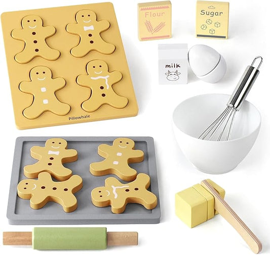 Wooden Toy Biscuits Baking Set,Pretend Play Food Sets for Kids Kitchen,Wooden Gingerbread Cookies Play Food Set,Play Kitchen Accessories for Toddlers Boys Girls Ages 3+