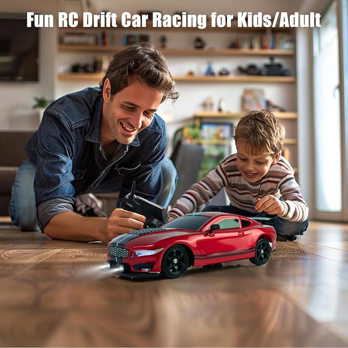 YUZ Remote Control Car RC Drift Car 1/16 Scale 4WD 18KM/H High Speed RC Car 2.4GHz with LED Lights Spray Racing Toy Car for Adults Boys Girls Kids Birthday 2Pcs Rechargeable Batteries, Red