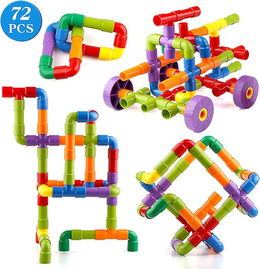 Joqutoys STEM Building Blocks Toy, 72 Pieces Creative Pipe Tube Sensory Toys, Construction Set Build Bicycle, Tank, Scootie, Motor Skills Endless Design Educational Learning Toys for Kids Aged 3+