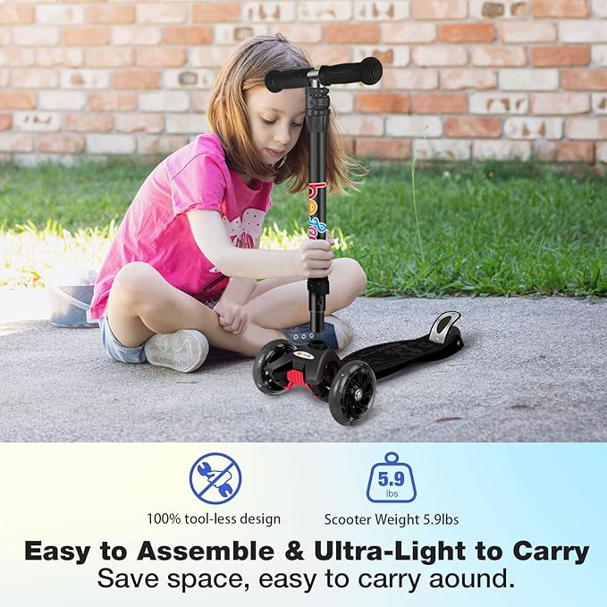 BELEEV A2 Scooters for Kids 3 Wheel Kick Scooter for Toddlers Girls Boys, 4 Adjustable Height, Lean to Steer, Light up Wheels, Extra-Wide Board, Easy to Assemble for Children Gift Sport Toys Ages 3-12