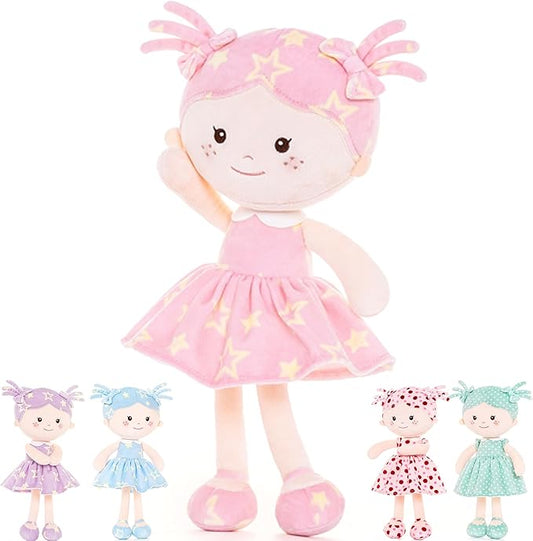 Onetoo First Baby Doll Plush Baby Girls Dolls Rag Doll Soft Baby Doll for Girls Sleeping Cuddle Buddy Doll Wear Star Pink Sleeveless Dress 14"