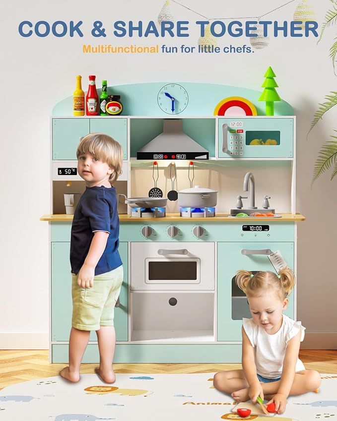 Babytronic Wooden Play Kitchen Set, Pretend Play Kitchen with Lights and Sounds for Kids Ages 3+, Includes Stove, Oven, Microwave, Coffee Maker, and Accessories, Toy Kitchen Set for Toddlers (Blue)