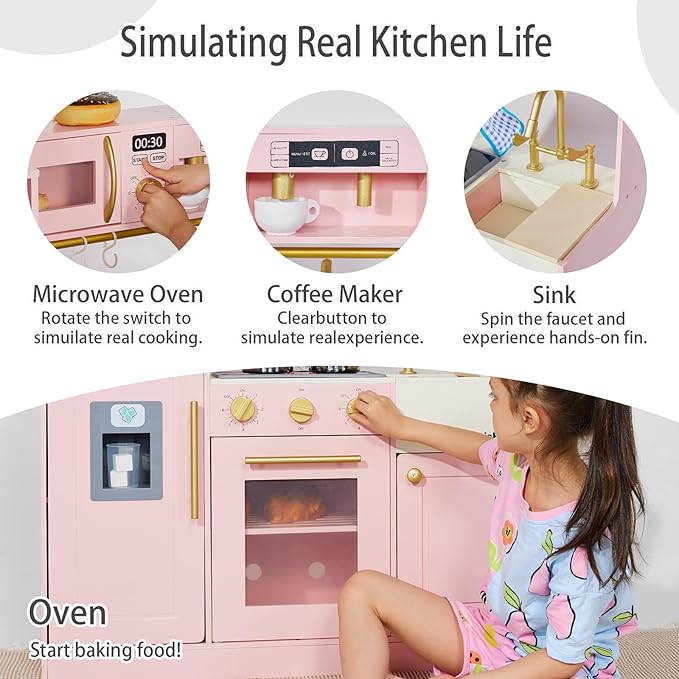 Kids Wooden Play Kitchen for Girls Pretend Toy Kitchen Playset with Real Lights and Sounds and 14 Pcs Fun Accessories, Toddler Pink Play Kitchen Set for Ages 3+