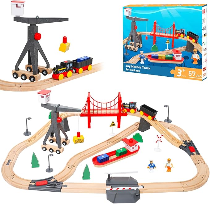 Wdmiya Wooden Train Set for Toddlers, 57 Pcs Wooden Train Track for Kids, Train Toy with Bridge and Tracks (Fits Thomas & Brio), Birthday Trains Gift for 2 3 4 5 6 7 8 Years Old (Harbor)