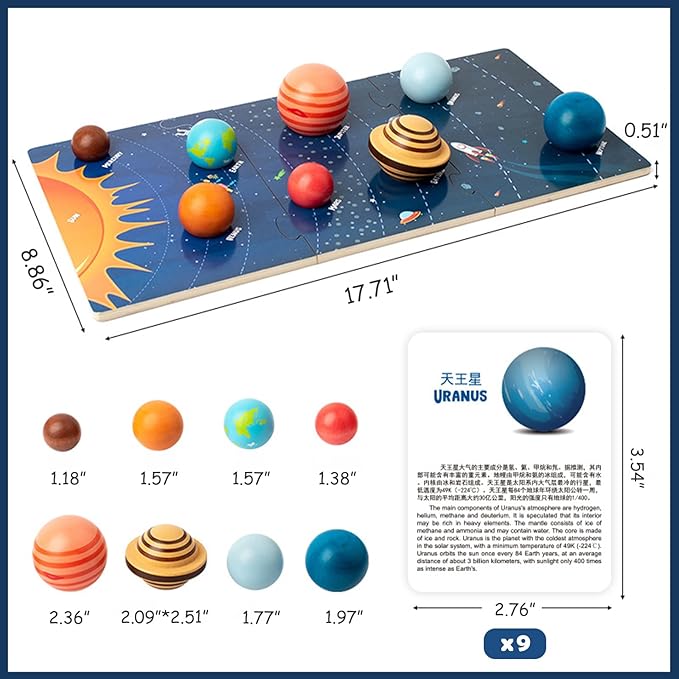 Wooden Solar System Model Board, Montessori Toys Planets Puzzle Science STEM Space Learning for Kids 4-8 with 3D Planets Models, Prechool Educational Gift for Boys Girls