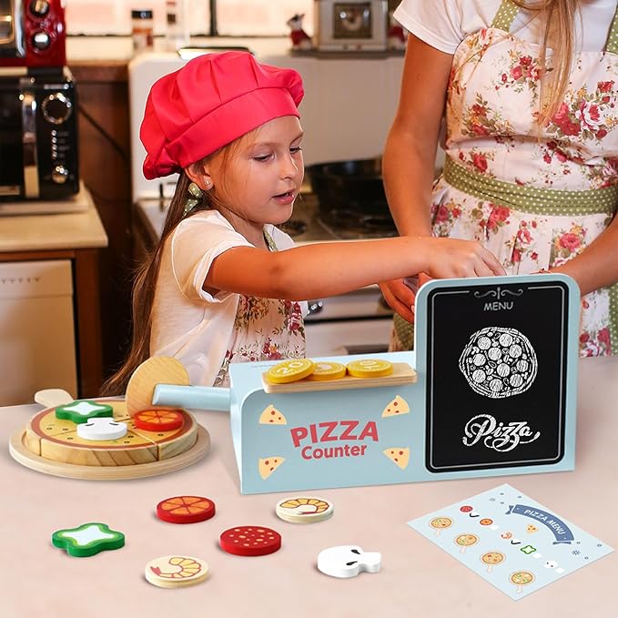 Wooden Pizza Play Set – 24 PCS Slice‑&‑Serve Pretend Play Pizza Toy, Hook‑and‑Loop Cutting, Montessori Kitchen Role Play, Wooden Play Food Gift for Toddlers Ages 3‑6