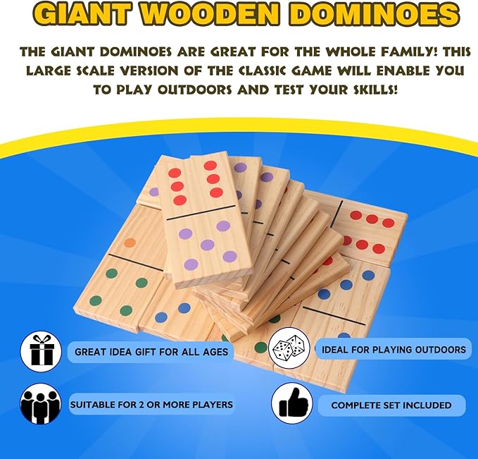 GSE Games & Sports Expert Large Wooden Dominoes with Multi-Color Dots, 28 Piece 7" x 3.5" Dominoes Game Set with Storage Bag for Home, Yard