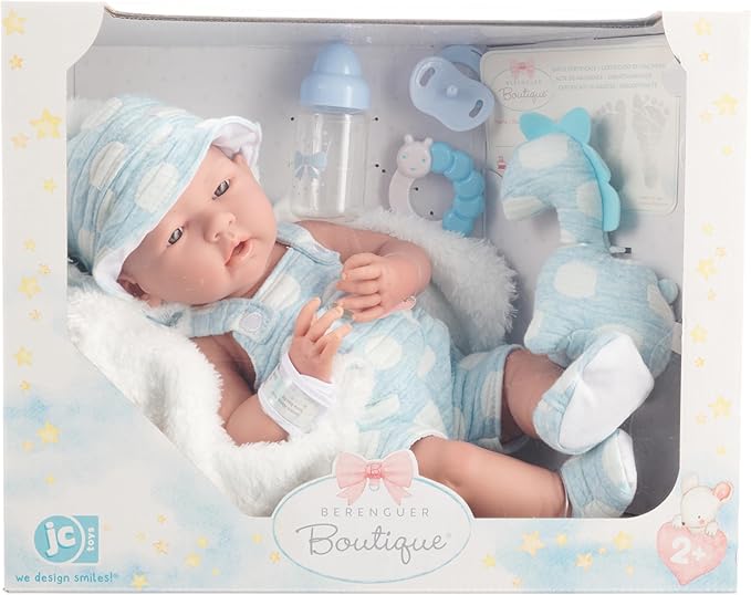 JC Toys La Newborn All-Vinyl-Anatomically Correct Real Boy 15" Baby Doll in Blue and Deluxe Accessories, Designed by Berenguer., Blue - Dots, Model:18064