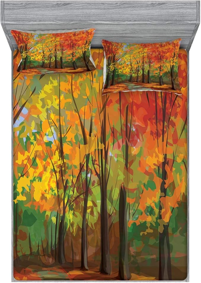 Ambesonne Rustic Fitted Sheet & Pillow Sham Set, North Woods Falling Leaves Fall Park Road Autumn Leaves Seasonal Colors Romantic, Decorativeed 3 Piece Bedding Decor Set, Calking, Orange and Green