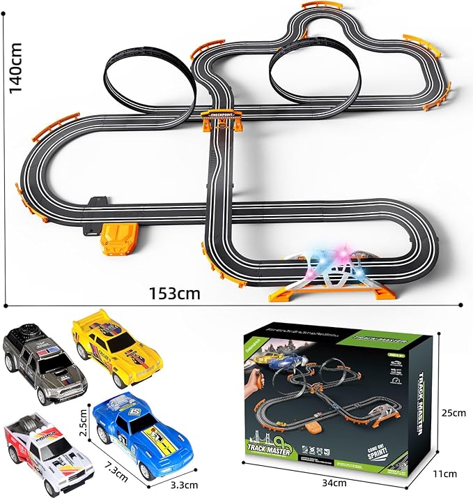 Slot Car Race Track for Kids with 4 Slot Cars, Dual Racing Electric Car Tracks Game Featuring Flash Bridge and Pendulum Toys Gifts for Boys Girls Age 6 7 8 Years Old