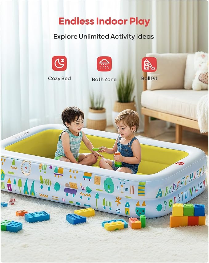 QPAU Kiddie Pool – 65" x 39" Inflatable Pool for Kids & Toddlers, Ball Pit & Baby Pool with Soft Floor, Educational Alphabet & Number, Durable Outdoor Play Toys for Backyard & Indoor Fun (Yellow)