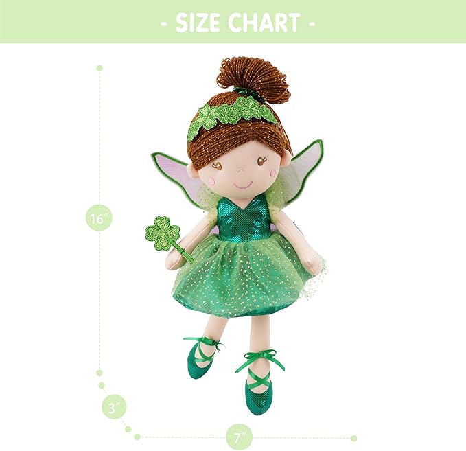 June Garden 16" Enchanted Garden Fairy Penny The Lucky One - Plush Stuffed Soft Doll Girl Gift - Green Outfit and Wings