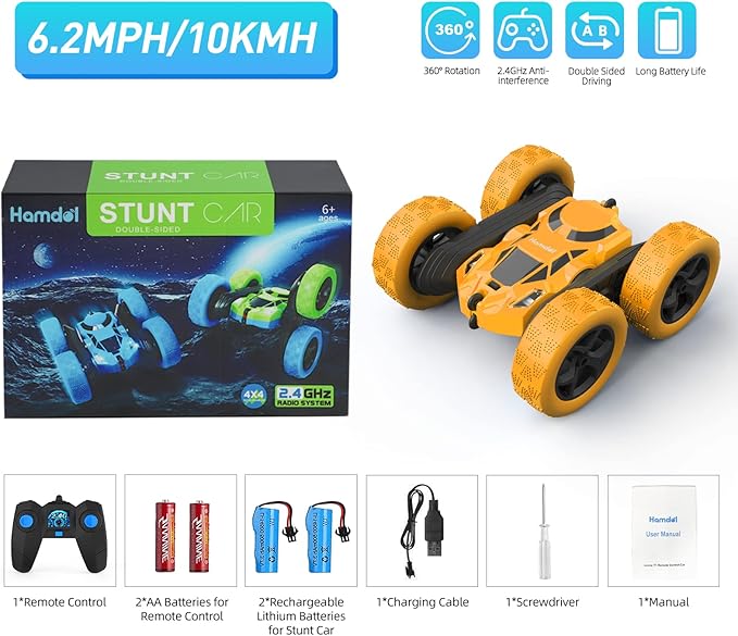 Remote Control Car Double Sided 360°Rotating 4WD RC Cars with Headlights 2.4GHz Electric Race Stunt Toy Car Rechargeable Toy Cars for Boys Girls Birthday (Yellow)