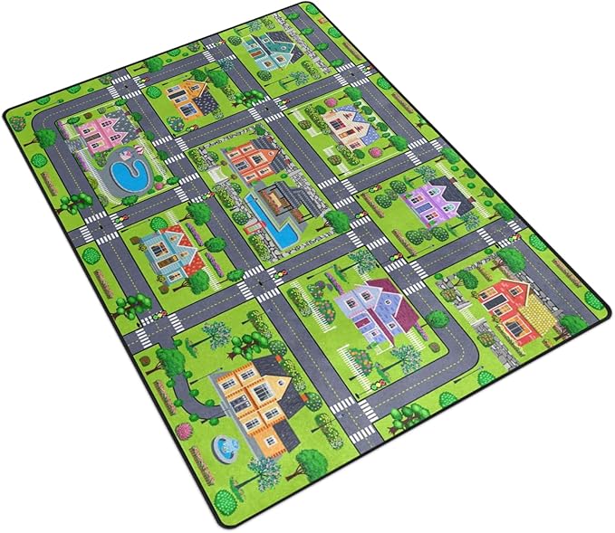 Kids Rug, Village Road Playmat Rugs - 5x7 Ft Kids Carpet with Rubber Backing, Cartoon American Style Village Theme House & Road Play Mat Nursery Rugs for Children Bedroom Playroom