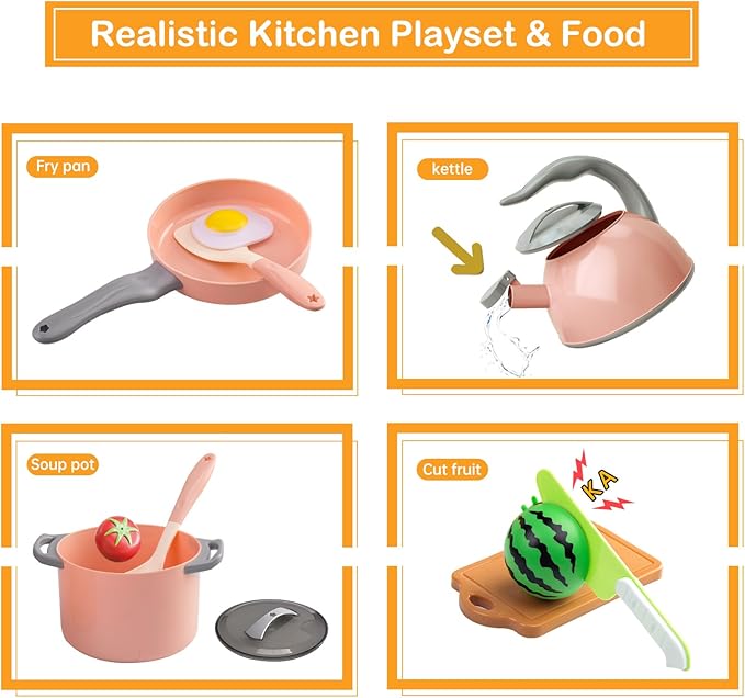 90Pcs Kitchen Playset Accessories, Pretend Cooking with Pots, Pans, Cookware, Food, Fruit, Veges, Color Sorting Baskets, Prop Money, Learning Gift for Girls Boys Toddlers (Pink)
