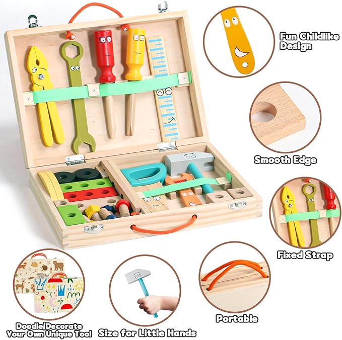TONZE Kids Tool Set Wooden Toddler Tools Montessori Toys for 3 4 Year Olds, 34 PCS Educational STEM Construction Toys Pretend Play Toddler Tool Set Birthday Gift for Age 3-4 Boys & Girls