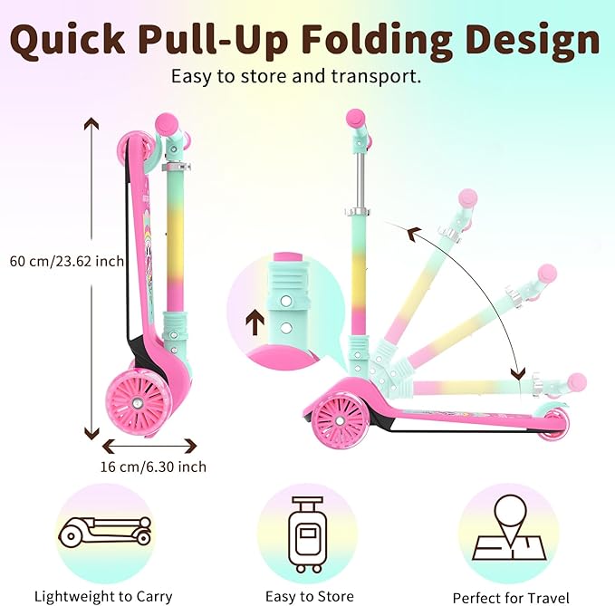 BELEEV A9 Kids Scooter with LED Light-Up Wheels & Deck, 3 Wheel Folding Scooter for Toddlers Girls Boys Ages 3-12, Adjustable Handlebar, Lean to Steer, Extra-Wide Wheels, Kick Scooter for Children