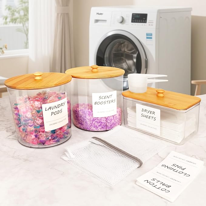 3+3 Pack laundry room organization - Dryer Sheet Holder, Laundry Pods Container, Clear Laundry Detergent Dispenser with Scoops Labels and Mesh Laundry Bags