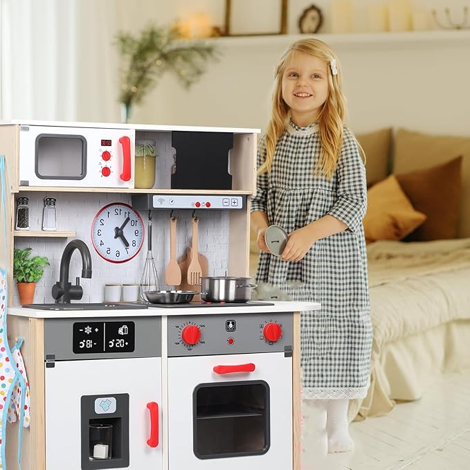 Wooden Kitchen Playset for Kids, Realistic Lights & Sounds Toddler Play Kitchen Set Include Complete Toy Cooking Equipped & Cookware Accessories for Chef Pretend Game Birthday Best Gift