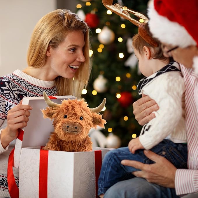 Music Highland Cow Stuffed Animal with Sound, Farm Cow Toy with ''Moo''Sound, Soft Farm Animal Cattle Plushie Doll Festival Presents for Adults Kids Boys Girls (Brown)