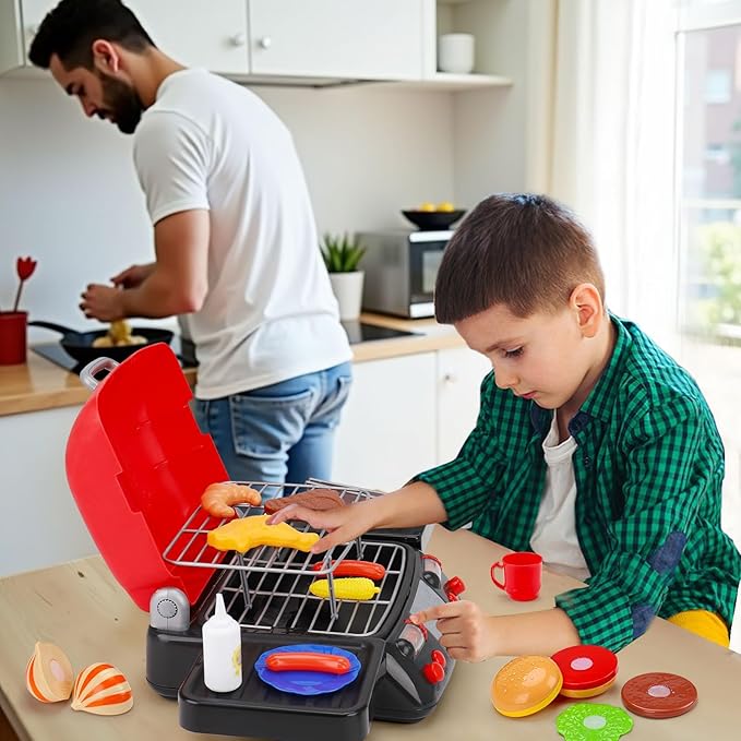 Kids Grill Playset Kitchen Toys with Apron Hat for Cooking Food Smoke Light Outdoor Pretend Play Accessories 3-5 4-8 BBQ Outside Camping Barbecue Toddler Boy Toy 3 4 5 6 Year Old Birthday Gift