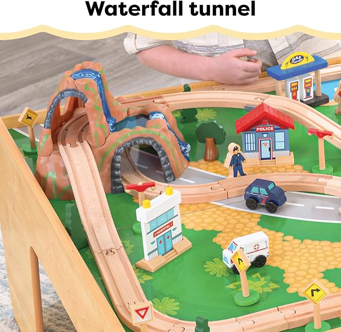 KidKraft Waterfall Mountain Wooden Train Set & Table with 120 Pieces, 3 Storage Bins