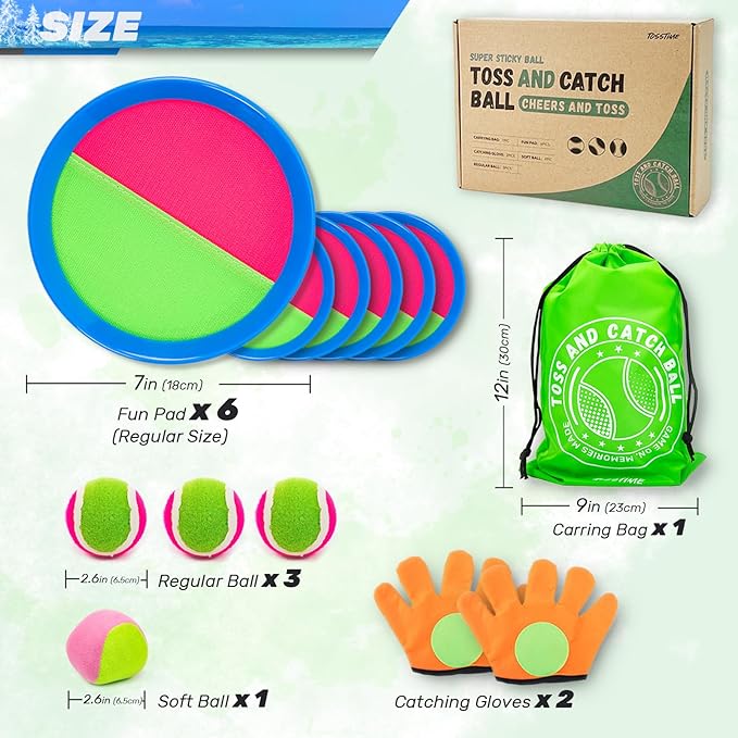 Toss and Catch Ball Set,Outdoor Games,Beach Games,Backyard Games,Lawn Games,Paddle Ball and Catch Game,Gifts for Kids/Adults/Family (6 Paddles,4 Balls/Catching Gloves/Carrying Bag)