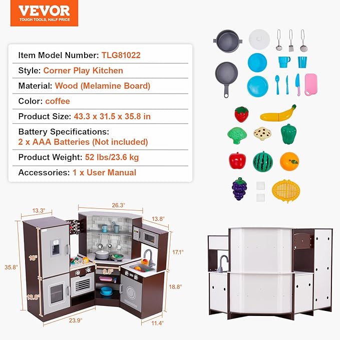 VEVOR Interactive Wooden Toy Play Kitchen Playset for Kids with Lights and Sounds, Corner Design with Ice Maker, Oven, Sink, Clock, Microwaves, Refrigerator and Accessories, for Girls & Boys, Brown