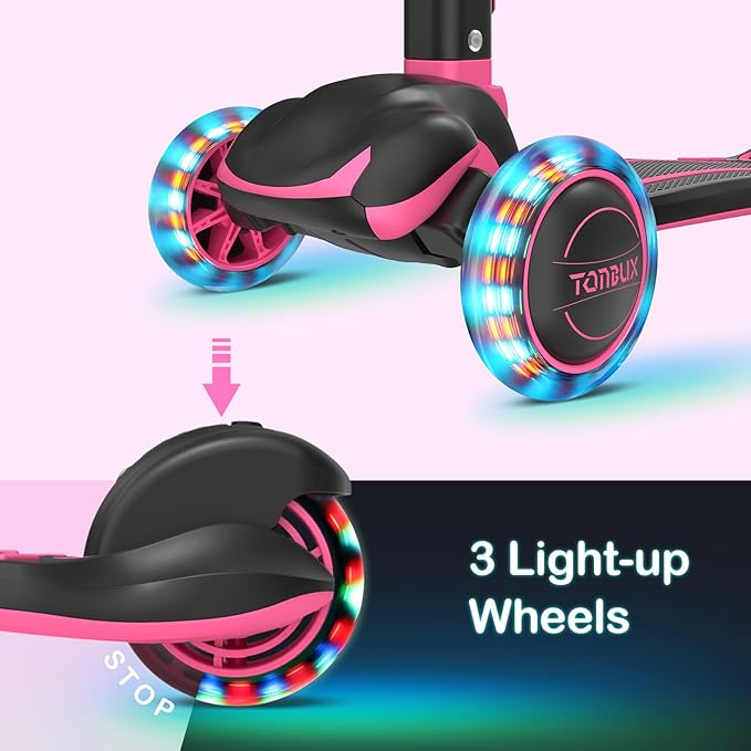 TONBUX Kids Scooter, Light Up 3 Wheel Kick Scooters for Kids 3-12, Folding Scooters with Adjustable Height - Toddler Scooter Lean-to-Steer & Widen Anti-Slip Deck