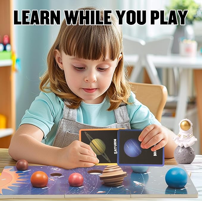 Wooden Solar System Model Board,Kids Solar System with Astronauts ,Montessori Planet Toys,Educational Planets Balls,Preschool Learning Puzzle,Space Knowledge Flash Cards Learning Toys for Kids
