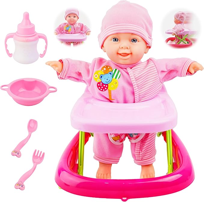 Baby Doll and Baby Walker Set, Learn to Walk Baby Dolls Soft Body Posable & Walking Dolls, Baby Doll with Wheeled Walker Cart and Accessories, Toys Gifts for Toddlers 2 3 4 5+