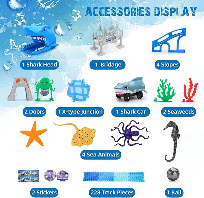 Shark Toys, Train Set 264 Pcs Shark Race Car for Boys Girls 3 4 5 6 7 Year, Bendable Flexible Racetrack Cars with Ball, Ocean Theme Track Toys, STEM Educational Playset, Birthday Gift for Boys Girls